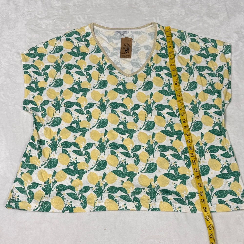 Ribeiro and Matos Lemon Print V-Neck Top Linen Blend - Picture 4 of 5